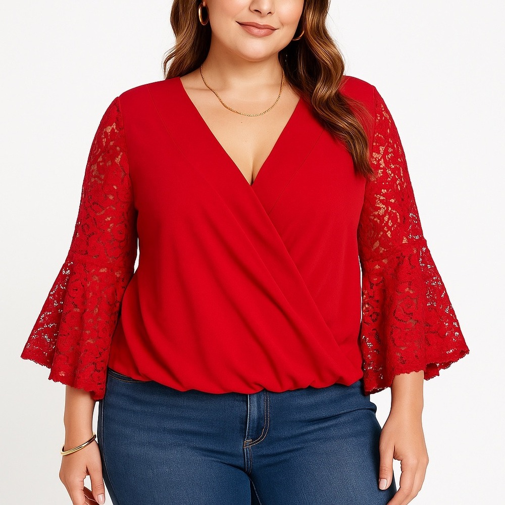 Amy Wear Red Blouse Top Size L‎ Lace Bell Sleeve Surplice Faux Wrap